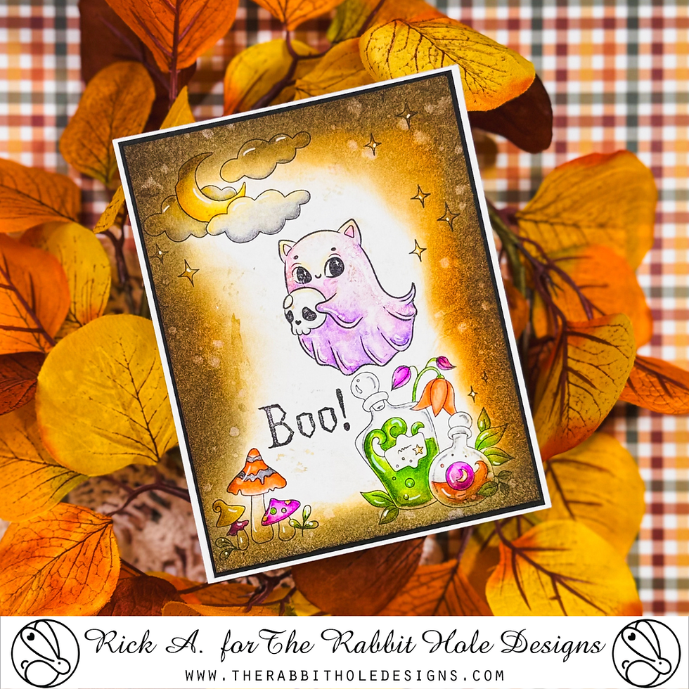 Halloween card with a ghost cat holding a skull, moon and stars, Boo text, framed by orange autumn leaves on a checkered background
