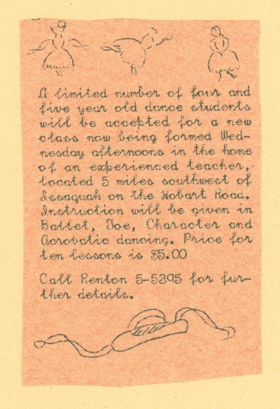 Stylistic, hand-drawn newspaper ad offering dance lessons for 4 & 5 year old's.