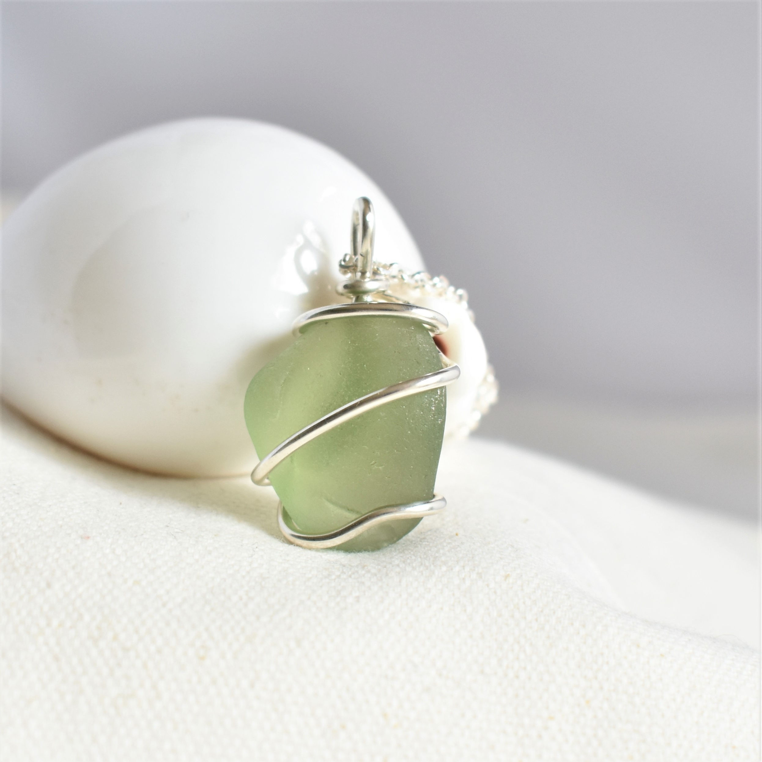 Citron Green Pendant Wrapped in Fine Silver: Unique Shape and Color