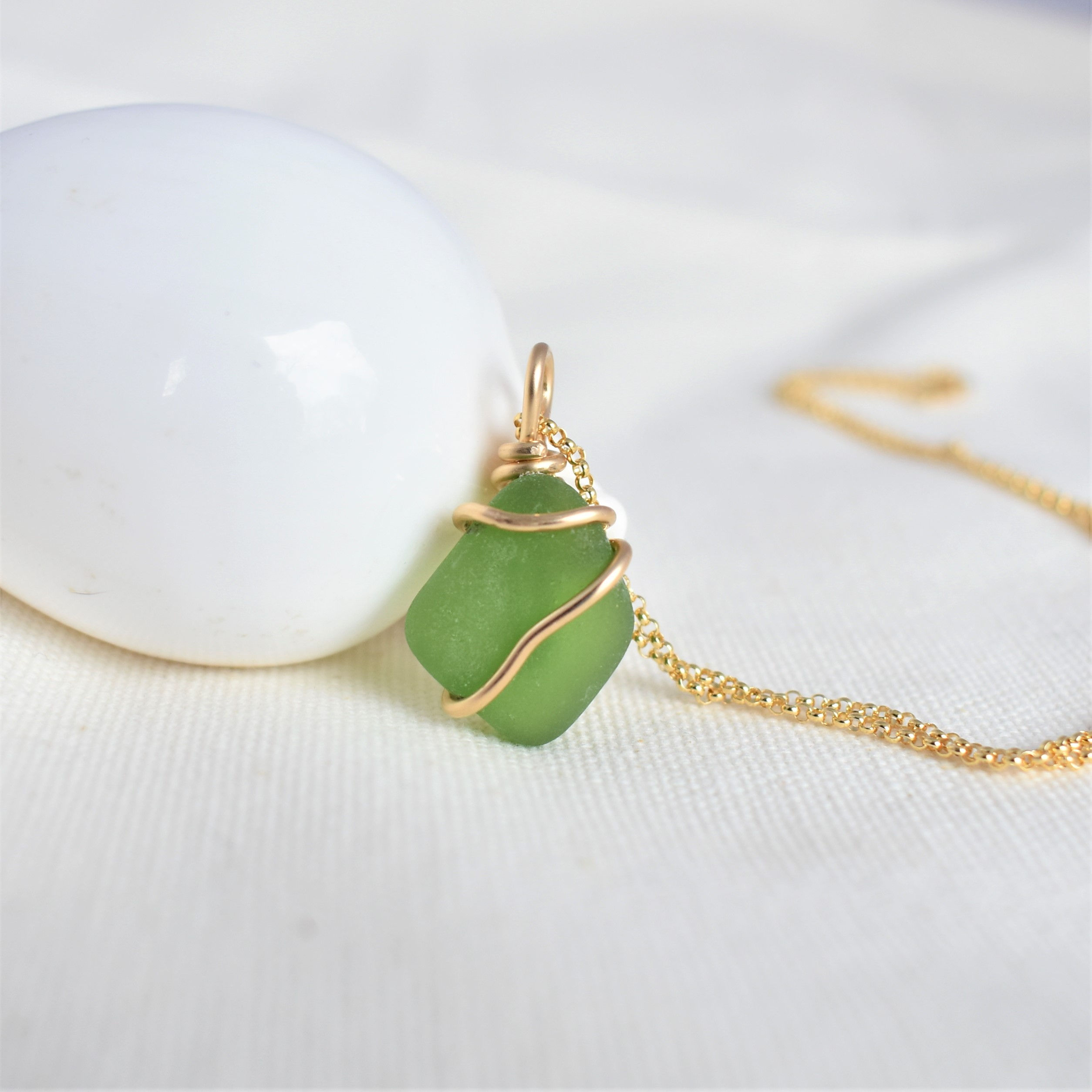 Green Beach Glass Pendant Wrapped in 14k Gold Fill Wire
