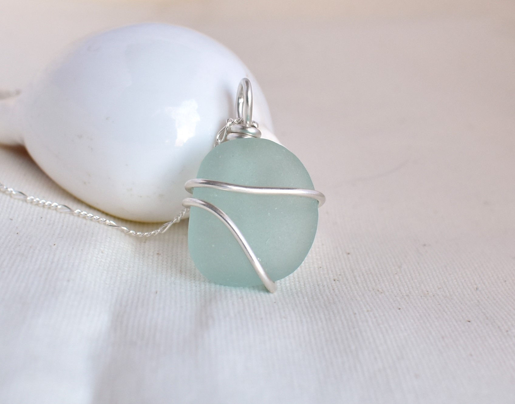 Pale Blue Beach Glass Wrapped in Fine Silver, 20" Sterling Chain