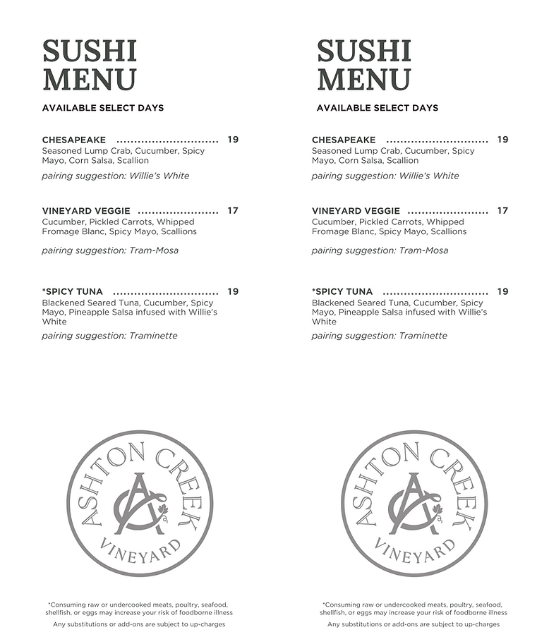 Sushi menu from Ashton Creek vineyard