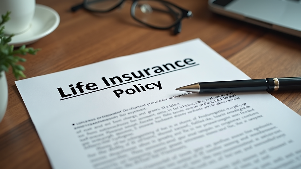 Eye-level view of a life insurance policy document on a wooden table