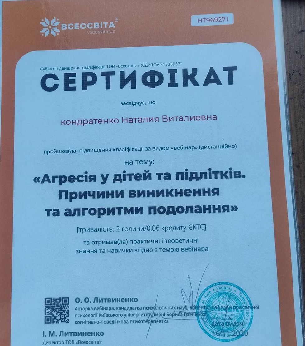 Сертифікеат підвищення кваліфікації Робота з агресією