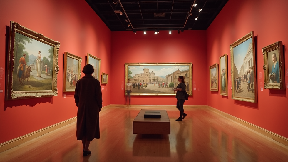 Eye-level view of a vibrant art exhibition showcasing historical artworks