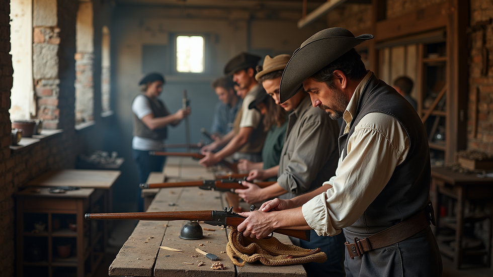 Wide angle view of a historical reenactment workshop
