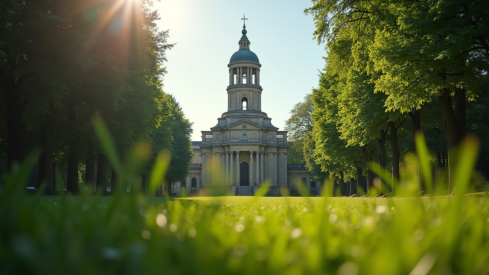 Eye-level view of a historical monument surrounded by lush greenery