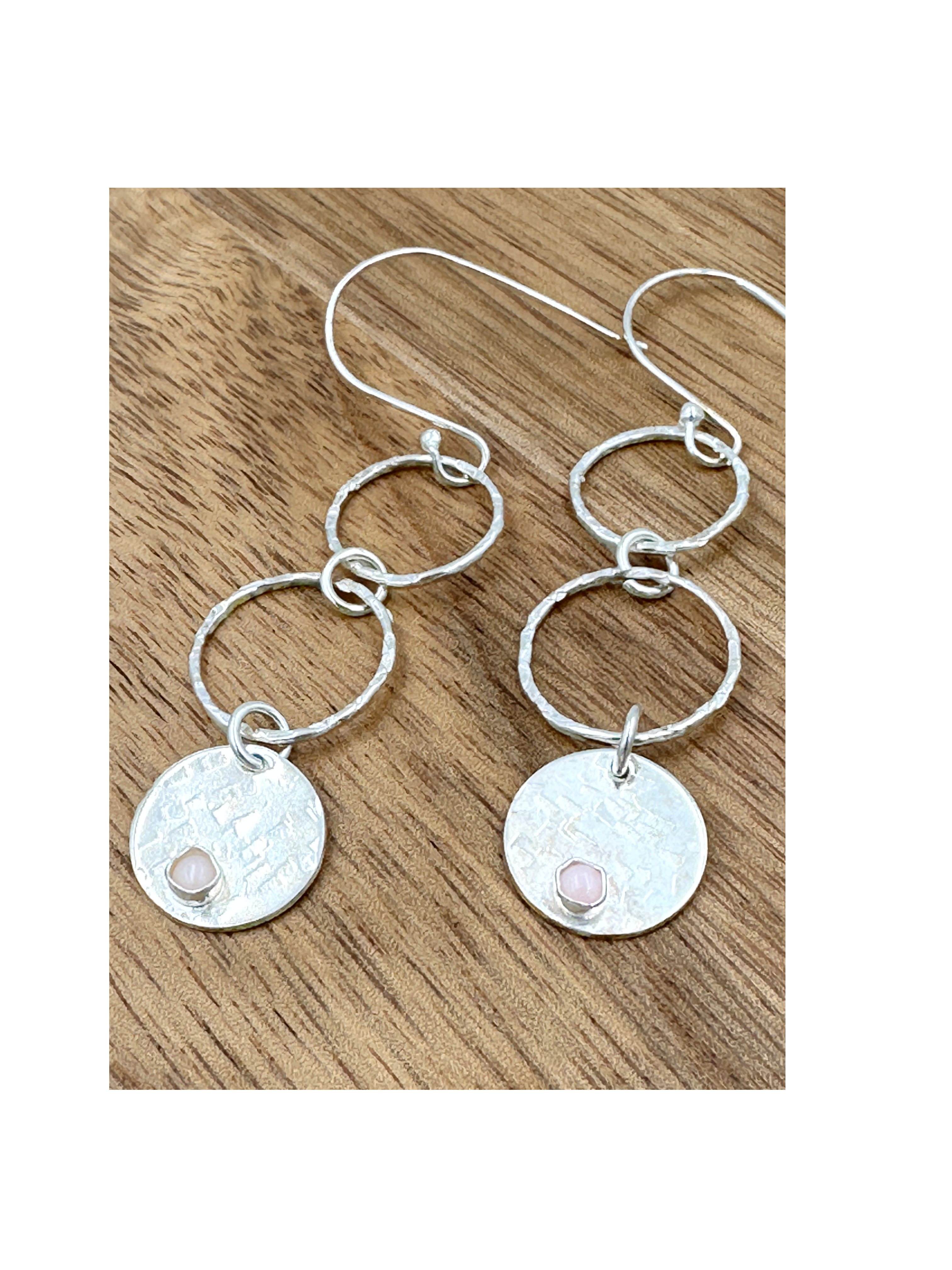 Sterling silver hammered 3 circle drop earrings with Pink Opal