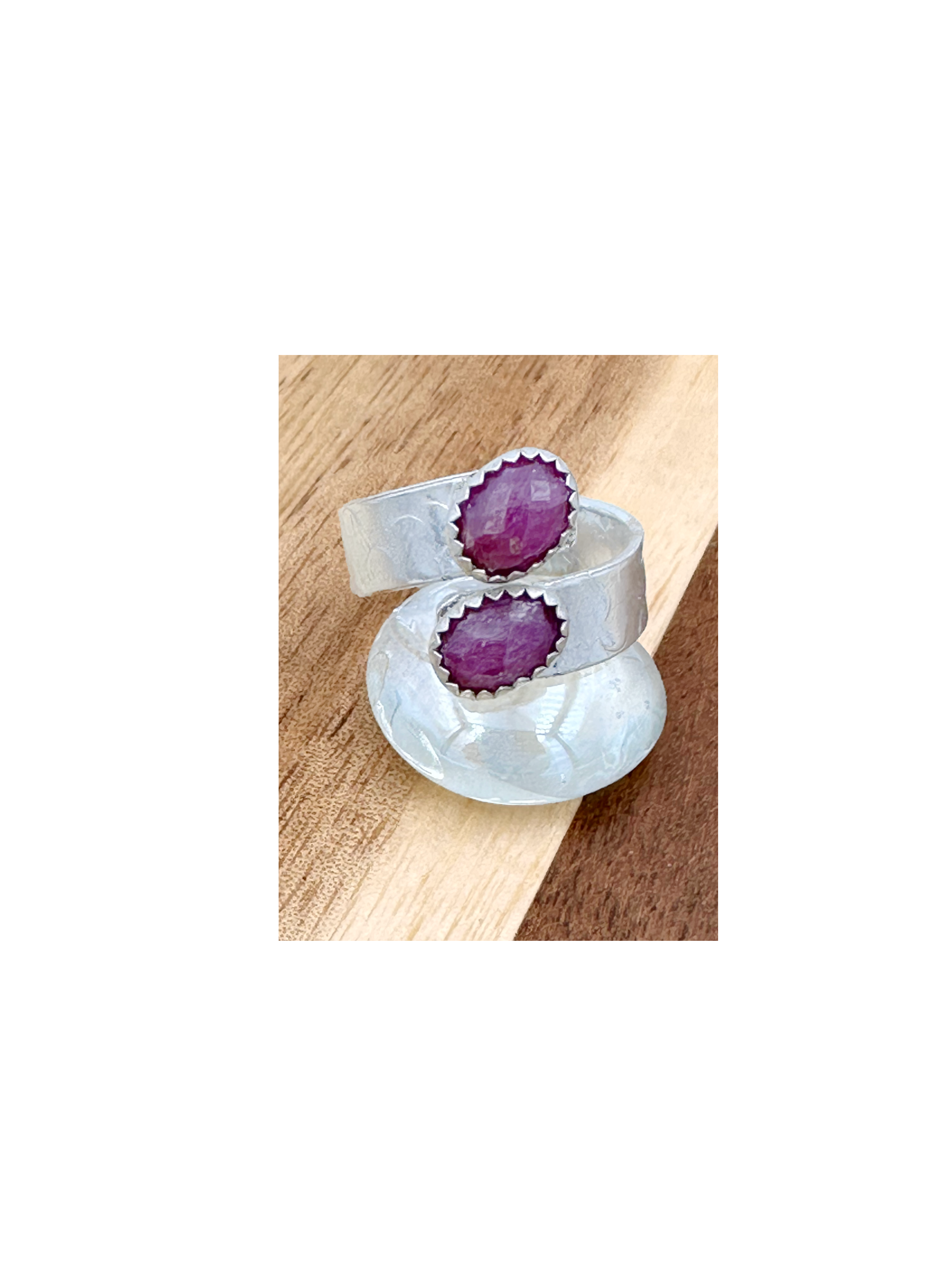 Sterling Silver adjustable Ring set with 2 ruby cabochons
