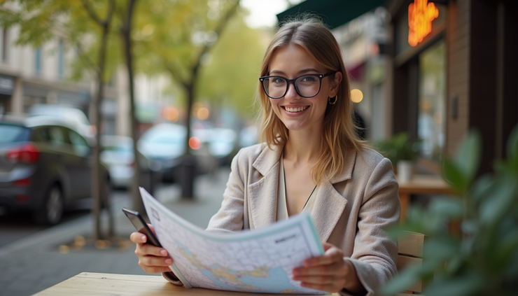 Close-up view of a woman holding a map and smartphone while sitting at a café