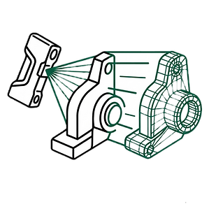 Icon depicting a scanner pointing its laser at the part and a projection of what the CAD would be after post-processing