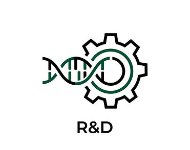 R&D icon that depicts a gear with dna-like strands eminating from its center
