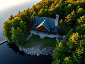 Aerial view of a lakefront vacation cabin in the Pocono Mountains, Pennsylvania