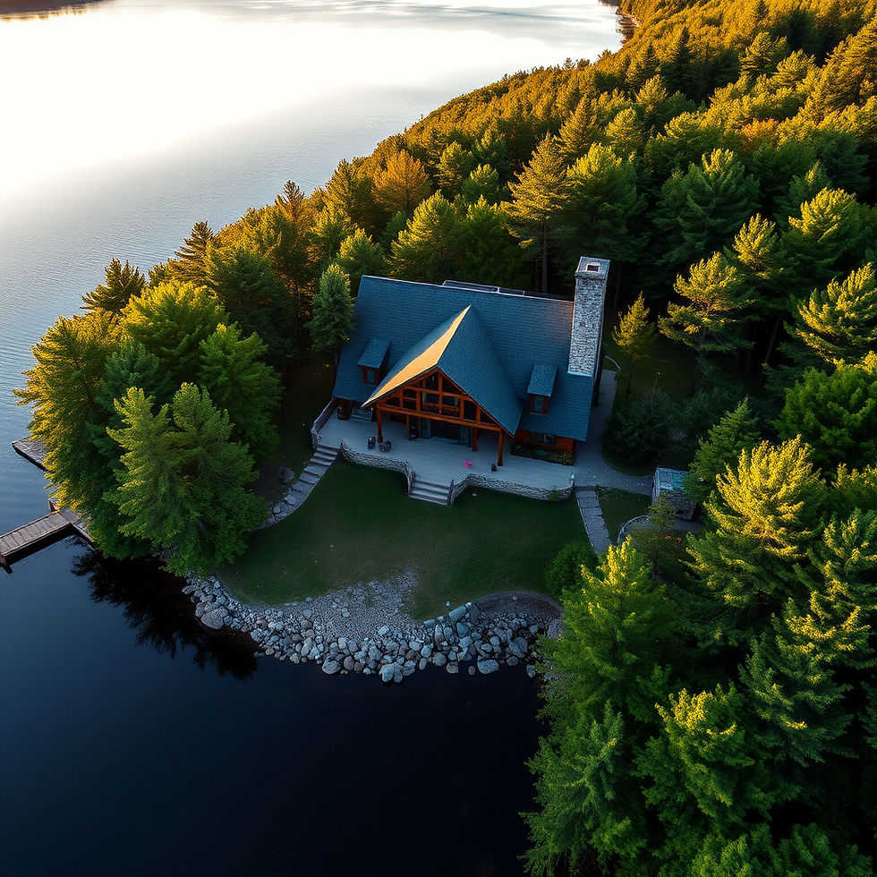 Aerial view of a lakefront vacation cabin in the Pocono Mountains, Pennsylvania