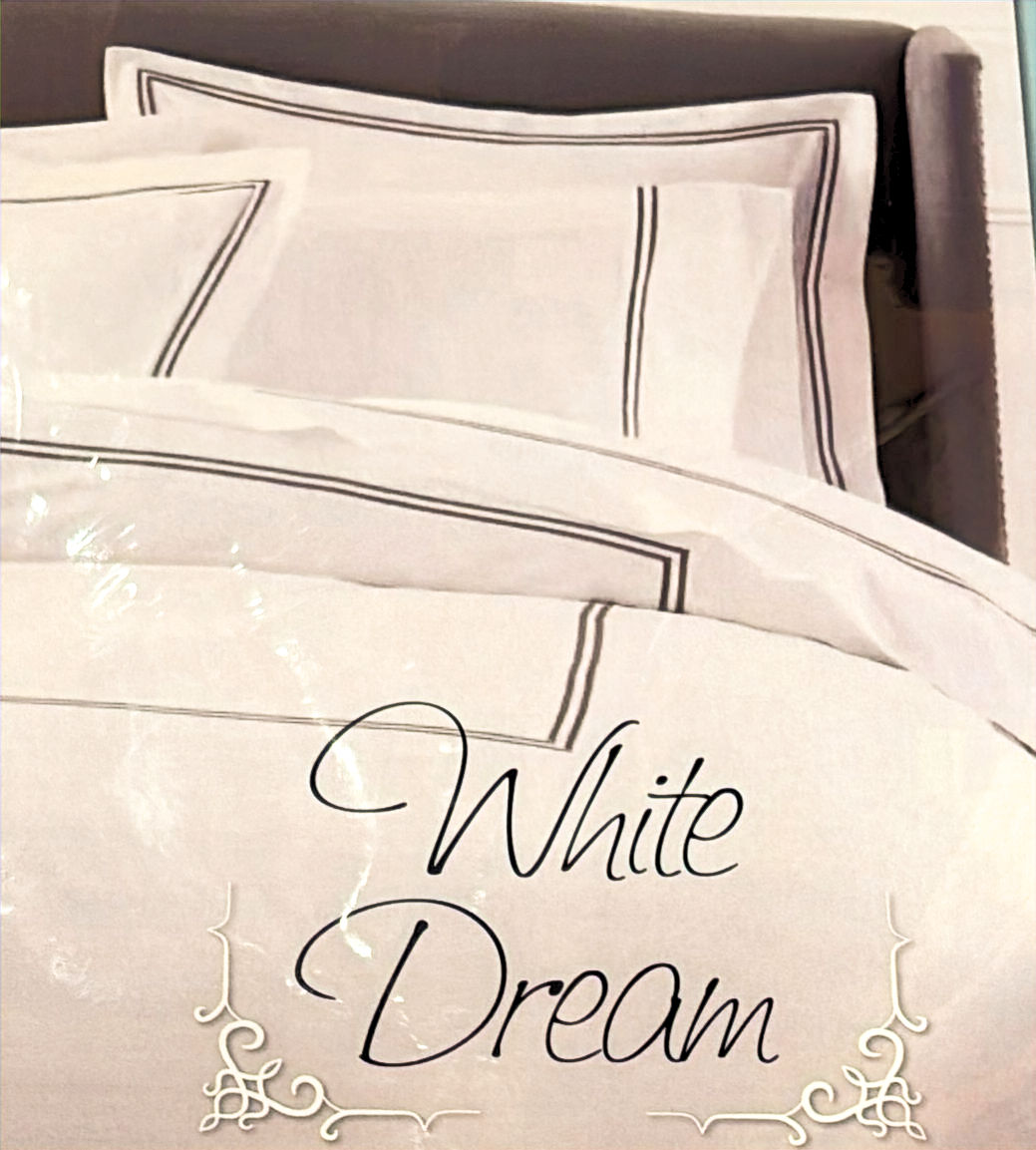 מצעים לבנים עם ריקמה אפורה או לבנה 100% סטן כותנה