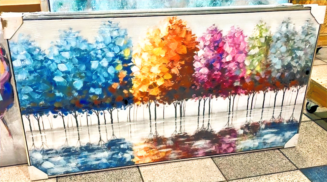 תמונת צייר בשמן יער סגול, צהוב, טורקיז 