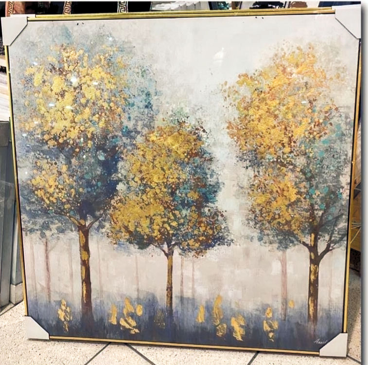 תמונת צייר בשמן יער , צהוב, טורקיז