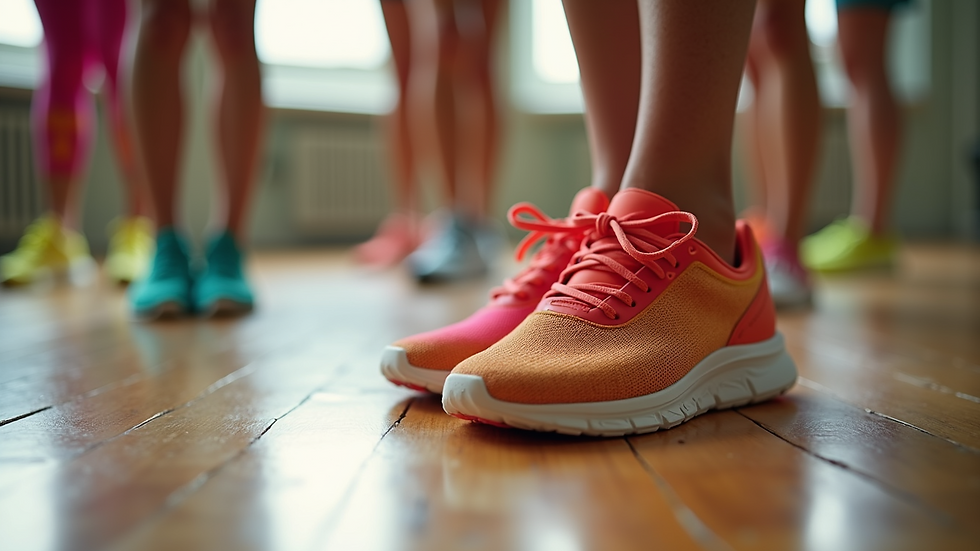 Close-up view of colourful Zumba shoes on a wooden floor