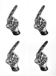 A4 Lino print of a hand in a pointed finger position. Waggling finger