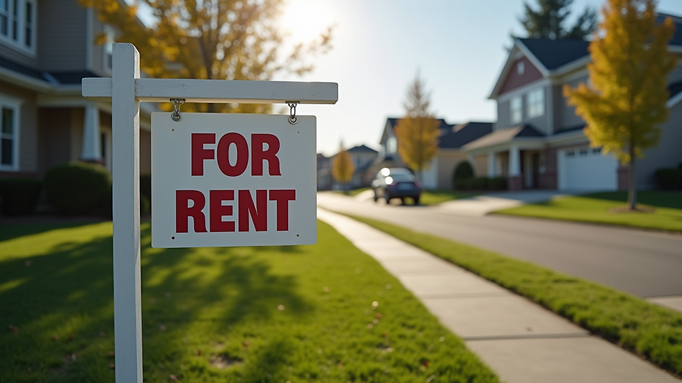 Eye-level view of a suburban rental property with a "For Rent" sign