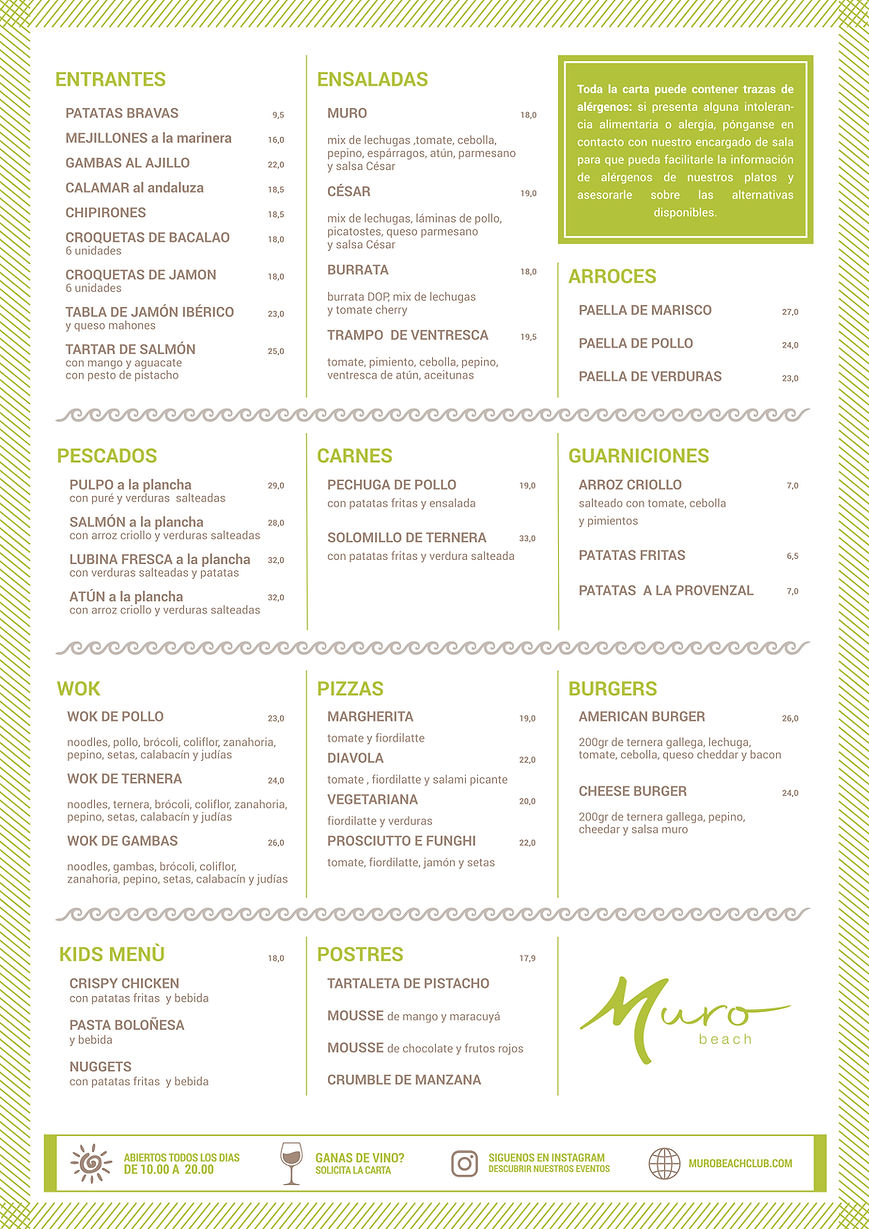 Carta de comida mediterránea Muro Beach Club Playa de Muro Mallorca
