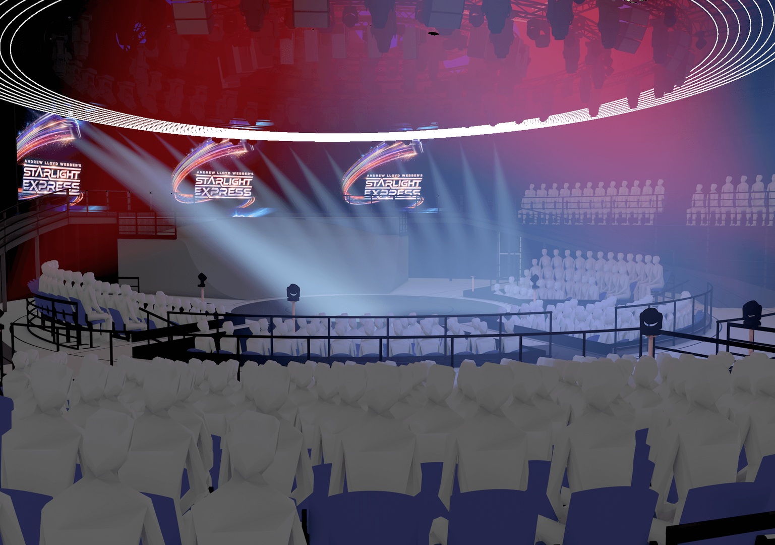 Technical CAD render of Starlight Express set layout for international live staging.