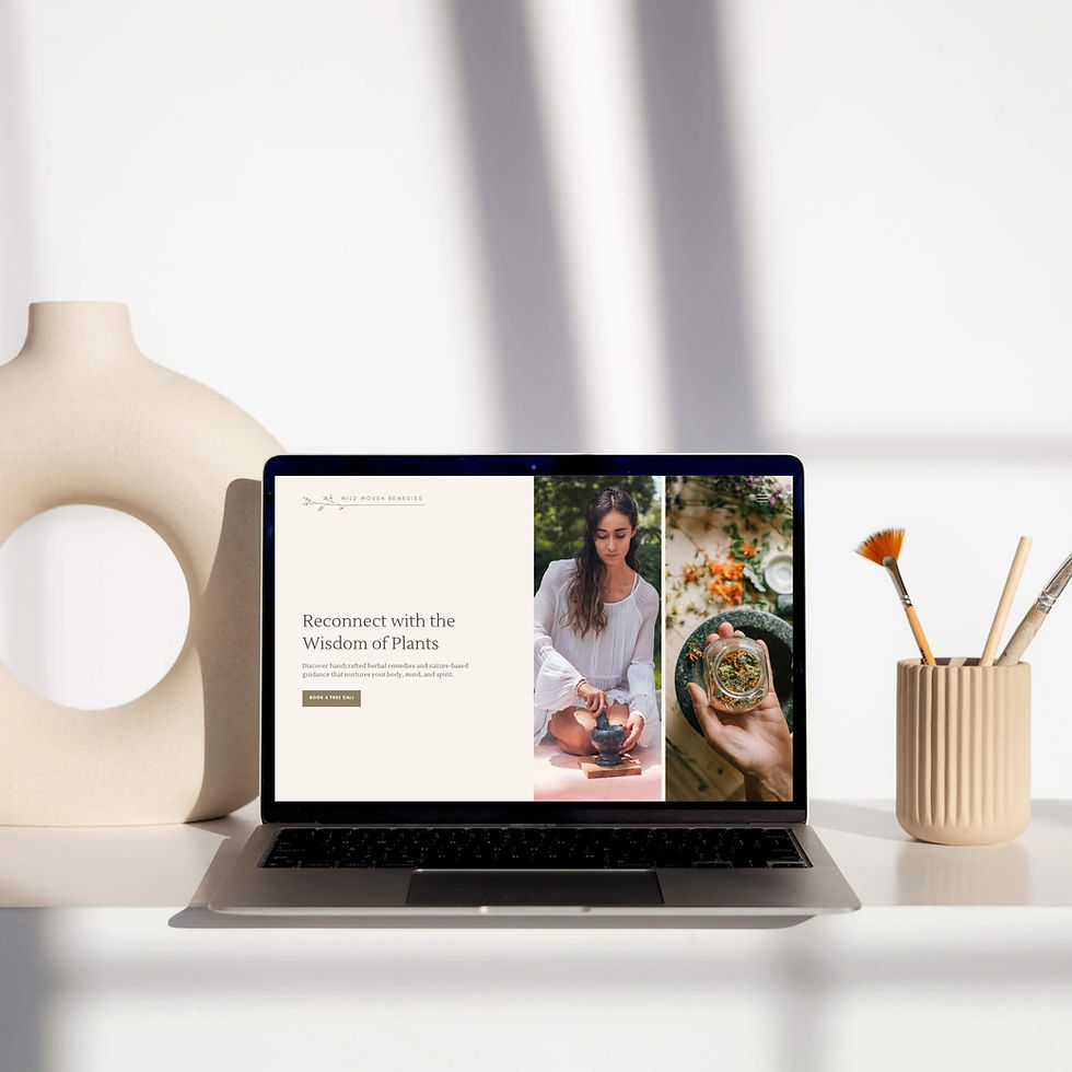 Website design for herbal remedy brand Wild Woven Remedies shown on minimalist laptop – Wales.