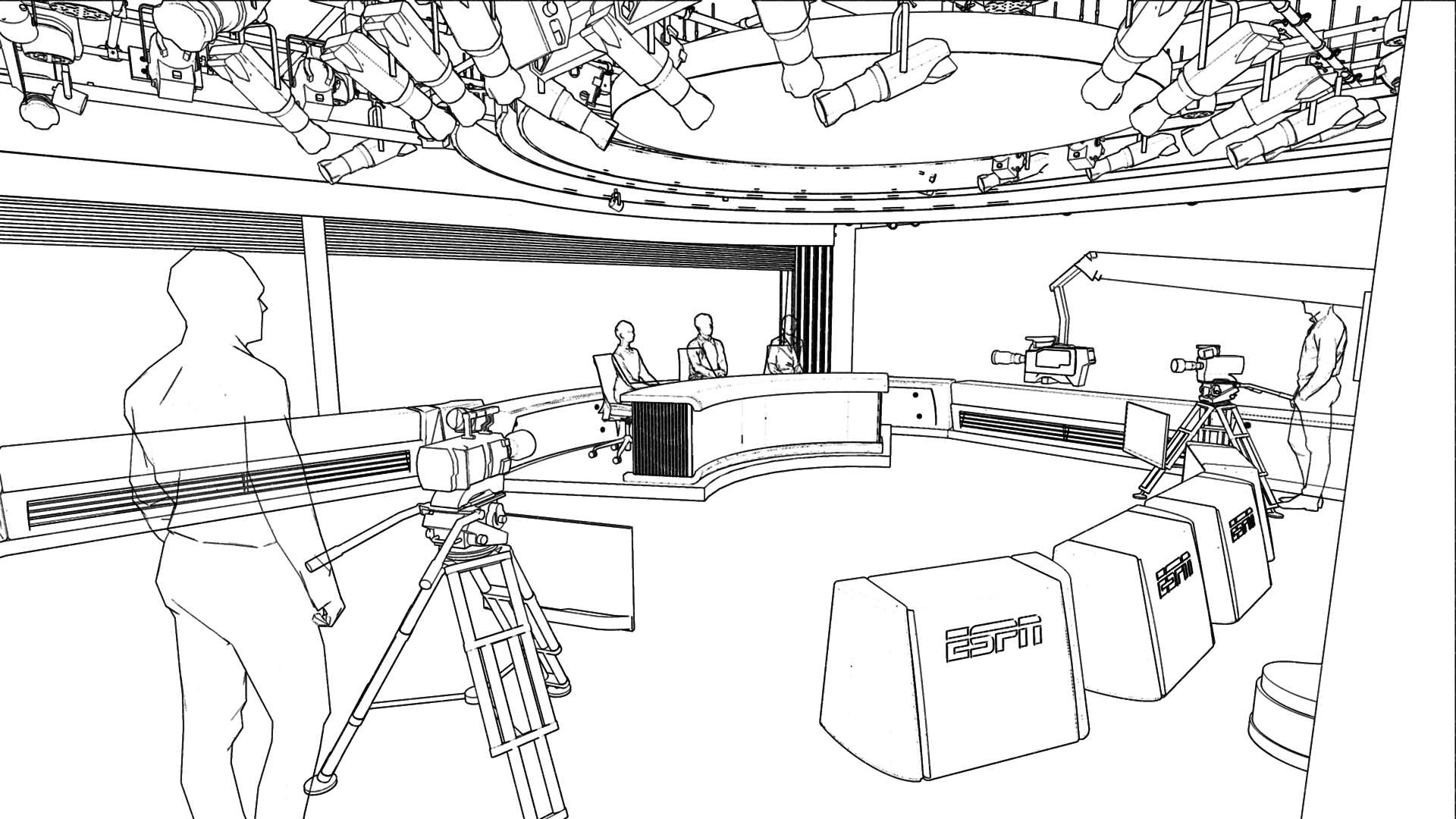 Conceptual pen sketch of ESPN Wimbledon broadcast studio with early scenic design ideas.