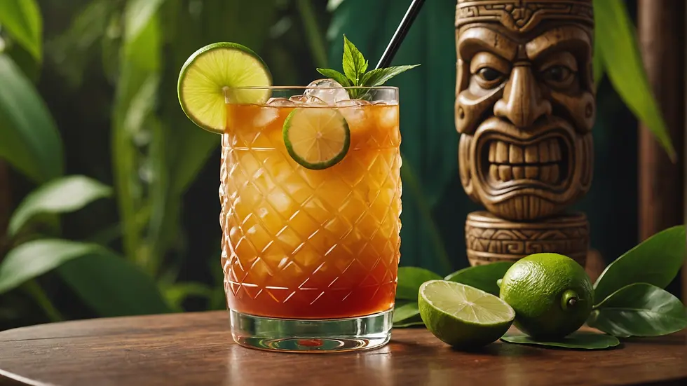 Mai Tai served in a tiki glass with tropical garnishes