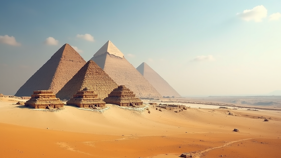 Wide angle view of the Great Pyramids of Giza