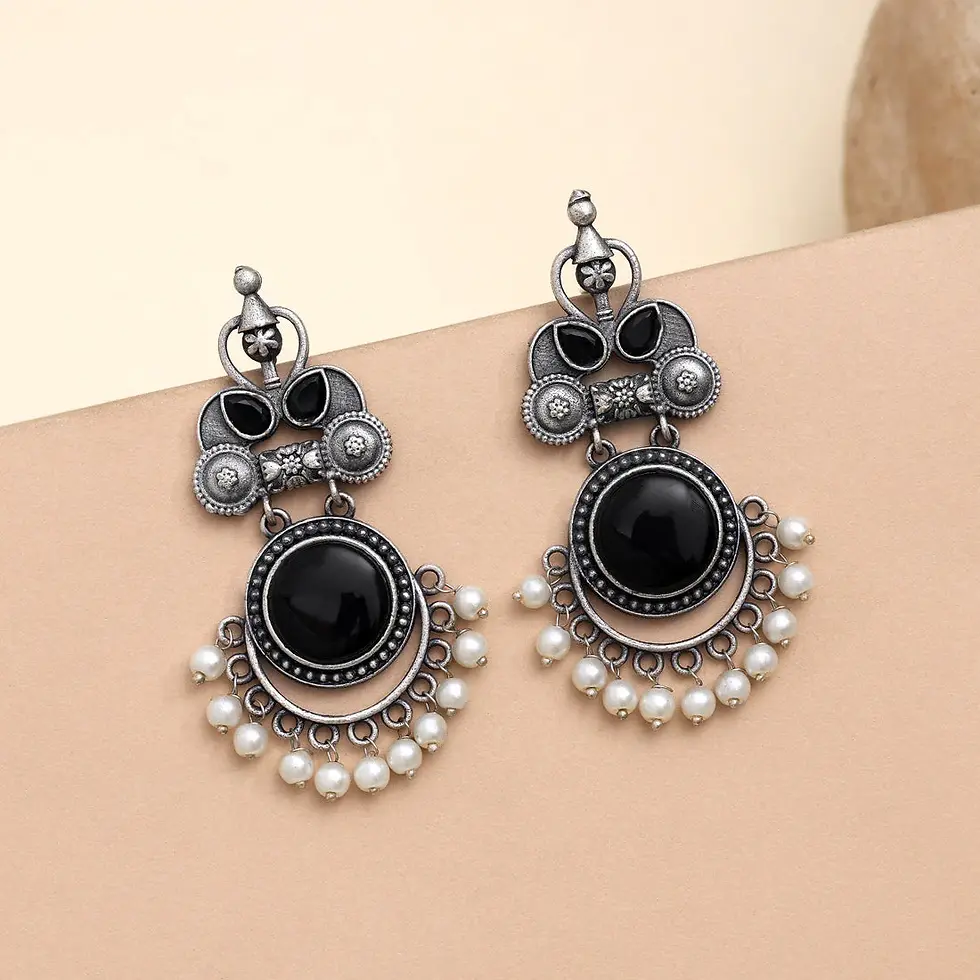 Oxidised Tribal Motif Dangle Earrings – Multicolor Monalisa Stone Accents