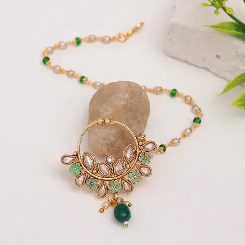 Green or Red Kundan & Beads Nose Nath with Chain – Gold Plated