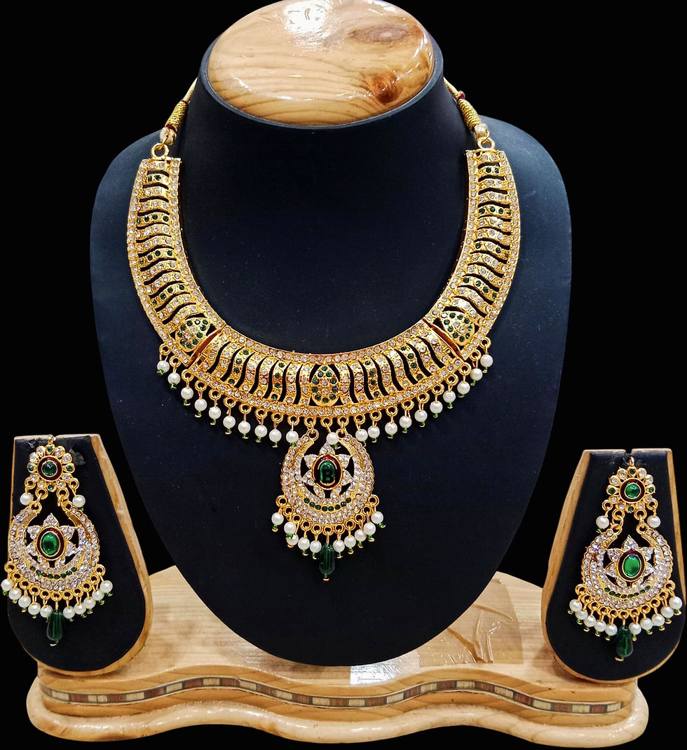 Exquisite Rajputi jewelry set by Padmavat Ratan, featuring an ornate necklace and matching earrings adorned with intricate designs and gemstone embellishments, showcasing traditional craftsmanship.