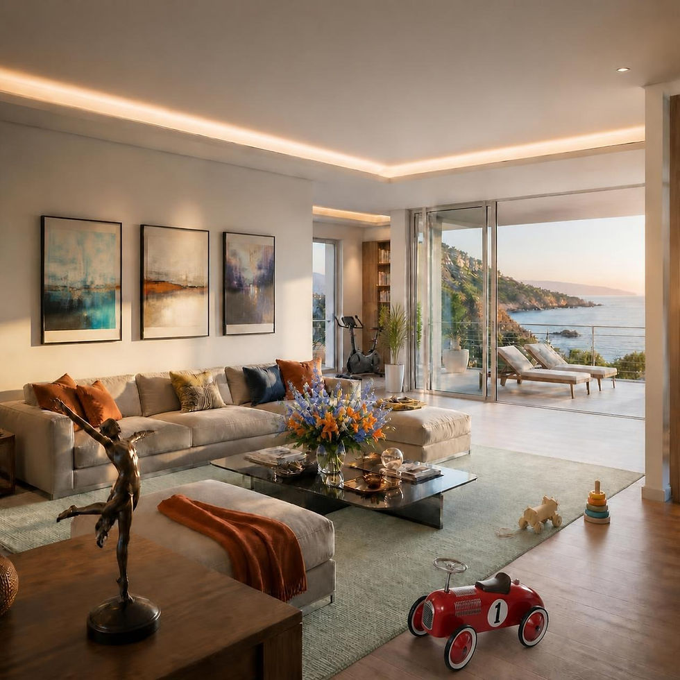 Salon contemporain avec grande baie vitrée et vue sur la mer