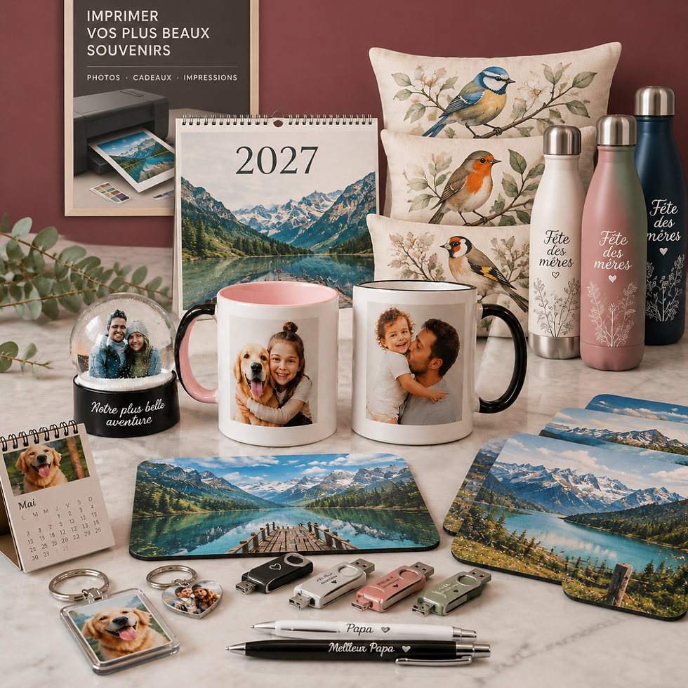 Objets personnalisés avec photos et créations sur différents supports
