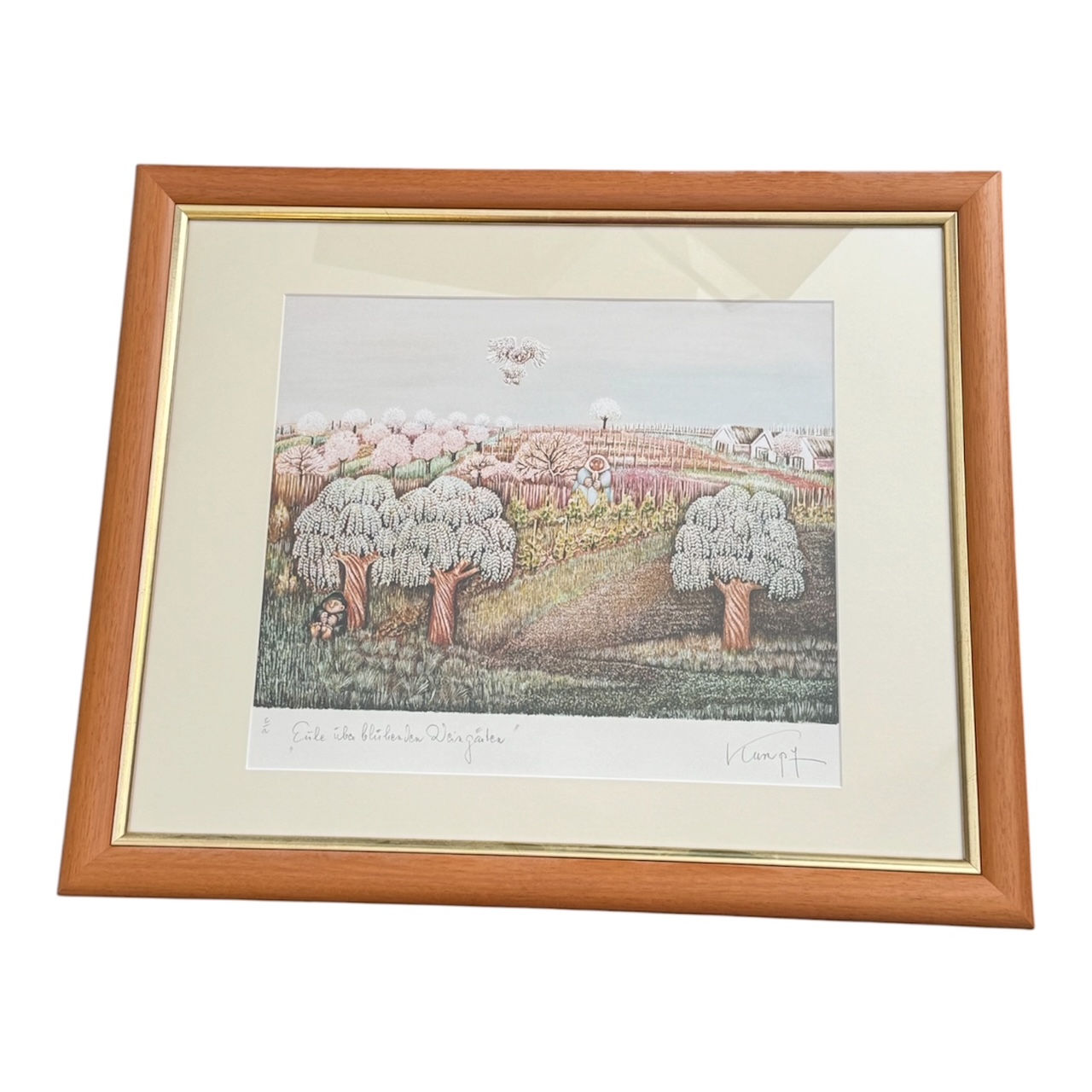 "Eule über blühenden Weingärten, 1999", Siebdruck in Farbe