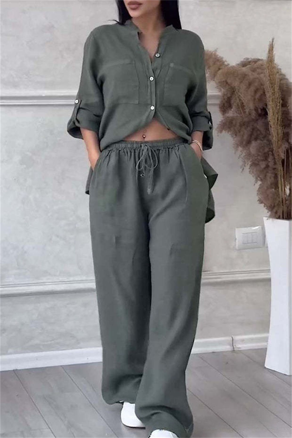 Thumbnail: Damenmode zweiteilige Sets lose Hosen mit weitem Bein Langarm Taschen hemden lä
