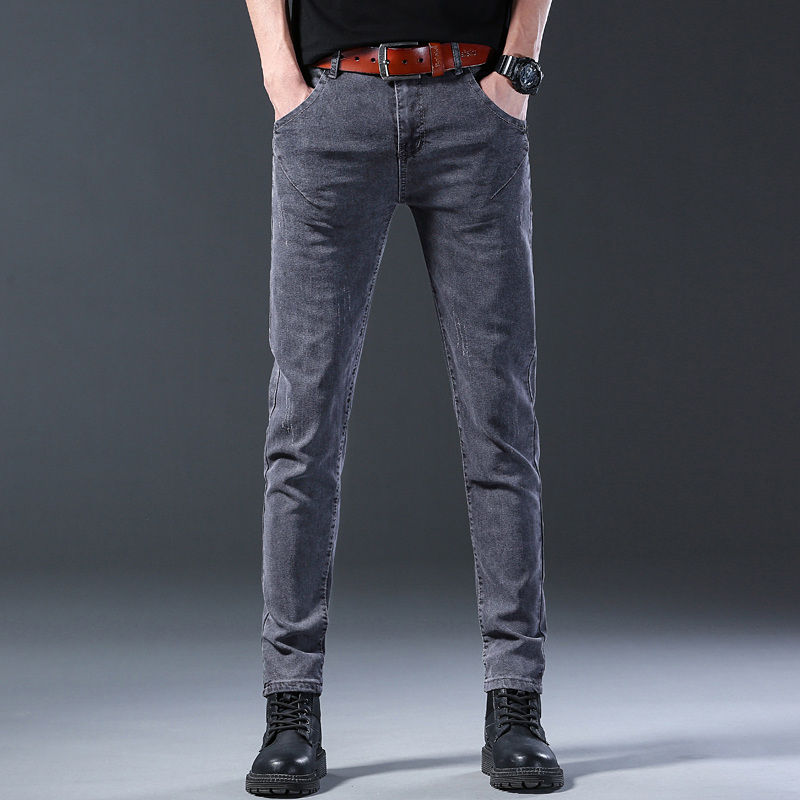 Thumbnail: Fashion Men Korean Style Straight Grey Jeans Middle Waist Street Elastic Pants 
