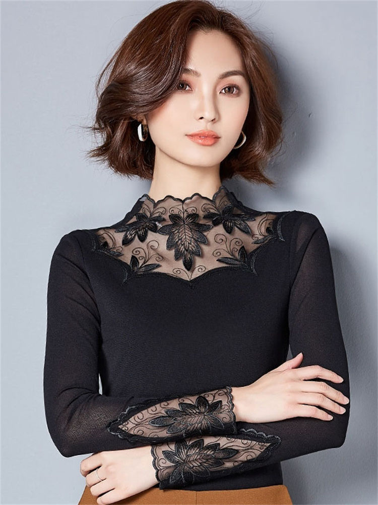 Thumbnail: Hollow Out Women Spring Autumn Style Lace Blouses Shirts Casual Long Sleeve Pat