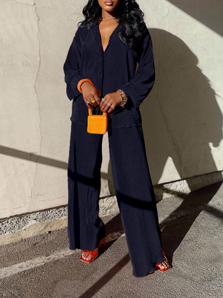 Thumbnail: Qfaf fashion plissierte Damen Set Langarm übergroßes Hemd und Hose mit weitem B