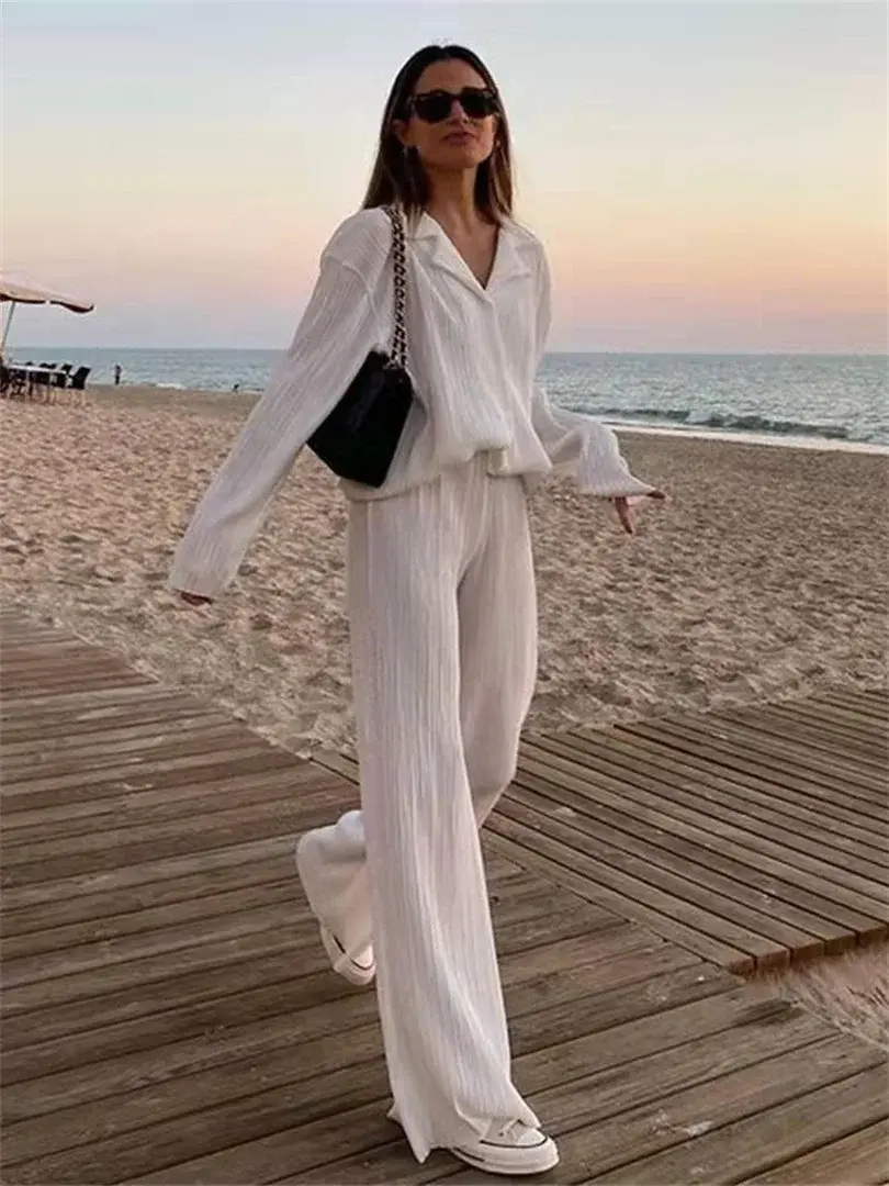Thumbnail: Frauen plissiert 2 Stück Hosen Sets Frühling Sommer Streetwear Langarm Button D