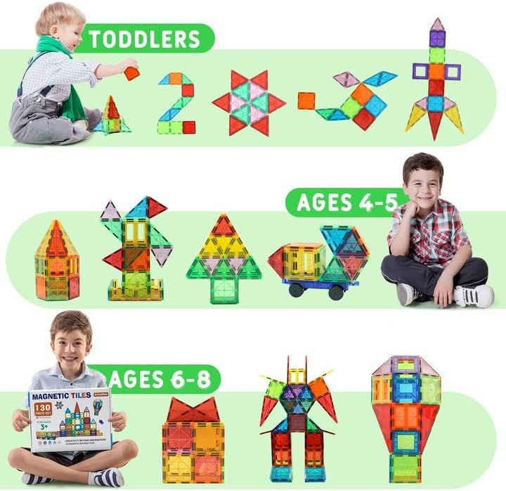 Thumbnail: Magnetic Tiles, 130PCS Magnetic Blocks with 2 Cars, Magnet Tiles 3D Clear Build