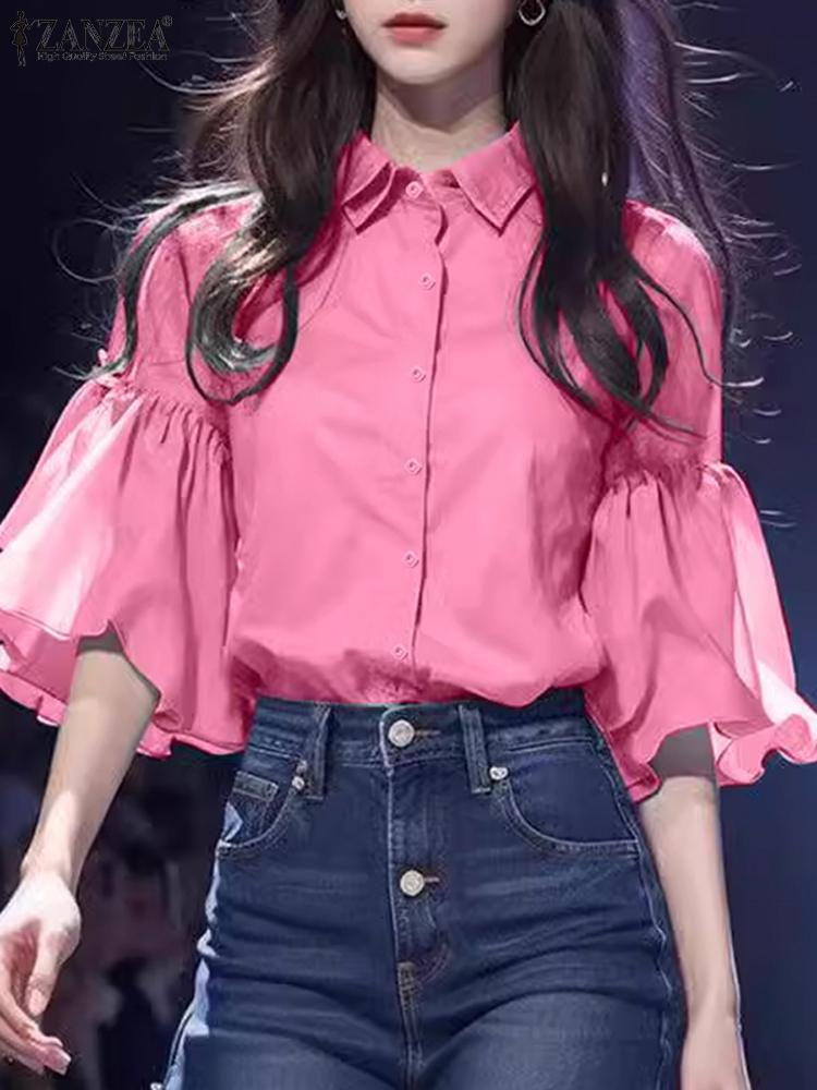 Miniaturbild: ZANZEA Elegant Women Chiffon Shirt Chic Ruffle 3/4 Sleeve Buttons Blouse Solid 