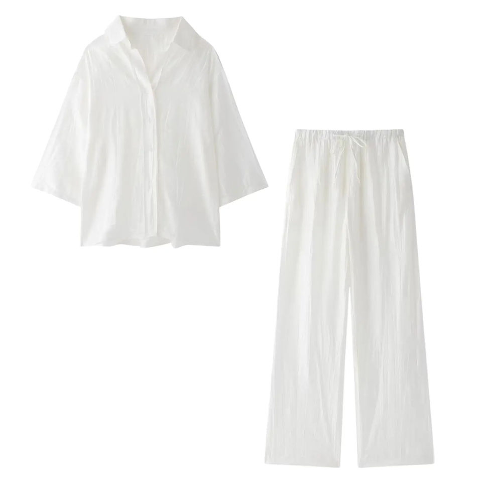 Thumbnail: Trafza Frauen solide Jacquard Revers Hemd Hosen Anzug 2024 lose Knopf oben Hemd