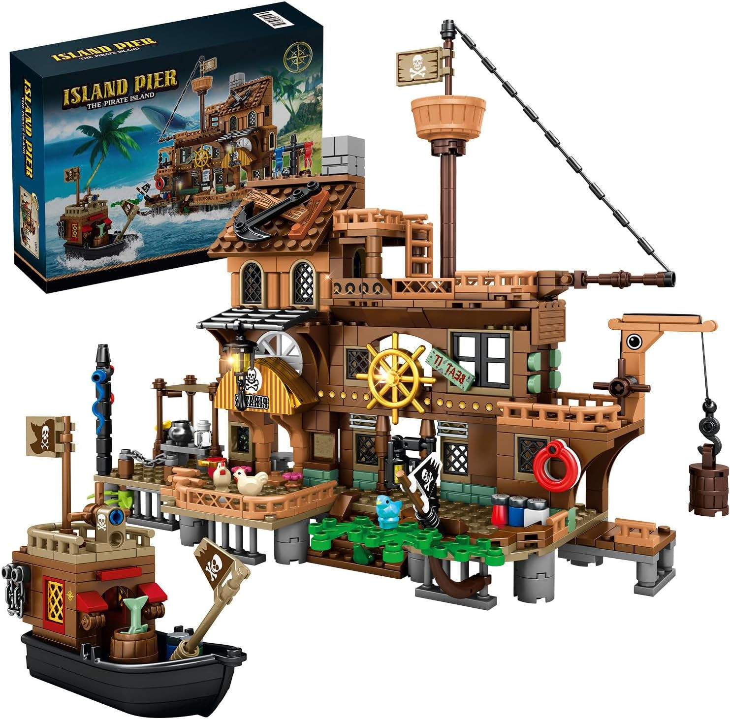 RiceBlock Pirate Ship Set Pirate's Wharf Supply Center Building Brick Toy, for 