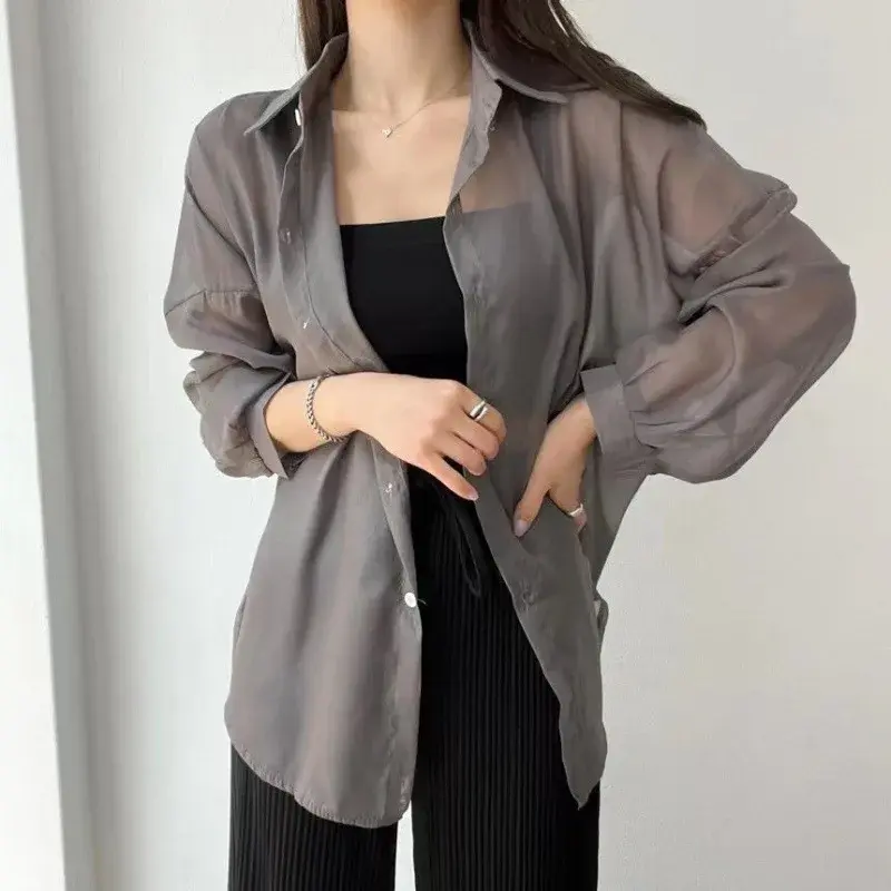 Thumbnail: Summer New Basic Korean Temperament Long-sleeved Thin Section Shirt Solid Color