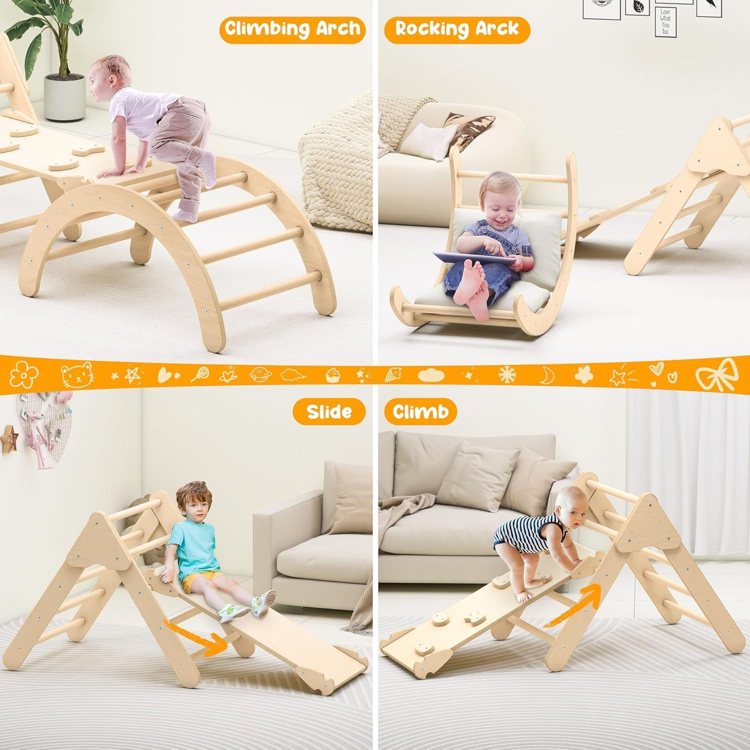 Toddler Climbing Toys, Montessori Pikler Triangle Set for Toddlers Inside, Fold