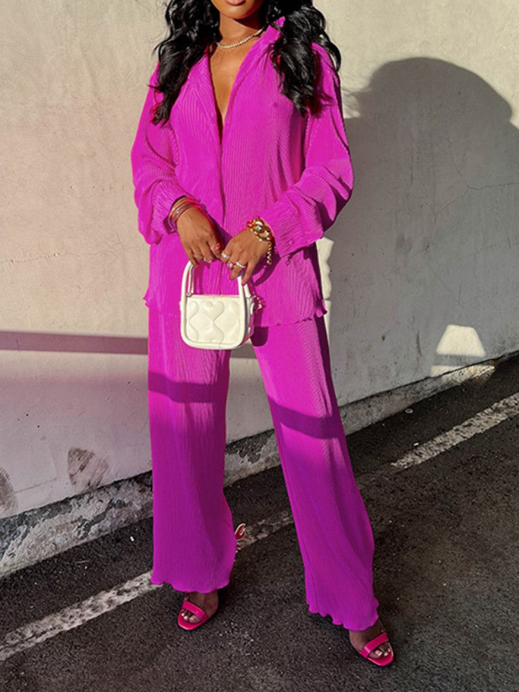 Thumbnail: Qfaf fashion plissierte Damen Set Langarm übergroßes Hemd und Hose mit weitem B