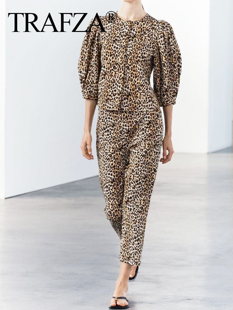 Thumbnail: Trafza Frauen Vintage Leoparden muster Bluse Hose Sets o Hals Langarmhemd Seite