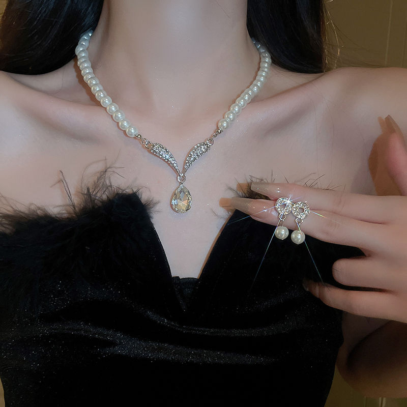Miniaturbild: Light Luxury Imitation Pearl Rhinestone Choker Necklaces Earrings Water Drop Pe